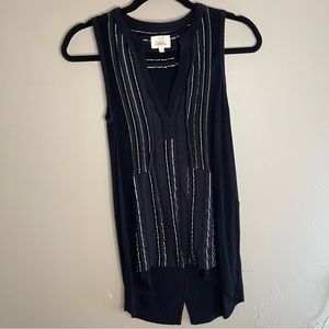 Anthropologie Deletta Black Tank with Embroidery Detailing, Size XS